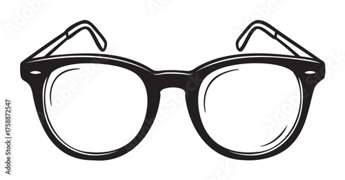 Black outline illustration of classic round eyeglasses with thick frames, featuring subtle detailing on the temples and nose bridge.