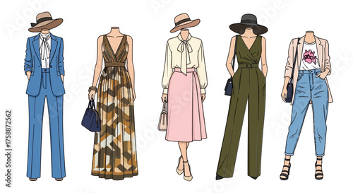 Fashionable women's clothing collection featuring stylish outfits including a blue suit maxi dress skirt and blouse combo jumpsuit and casual jeans ensemble all accessorized with hats and bags