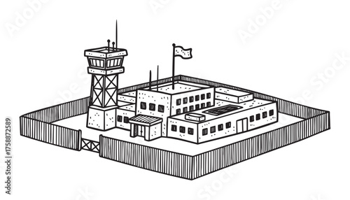 Black outline drawing of a secure prison complex with a surveillance tower, main building, and surrounding fence, featuring a flag atop the structure.