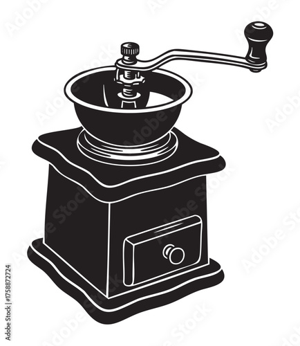 Black silhouette of a vintage manual coffee grinder with a crank handle and a small drawer, ideal for rustic kitchen and coffee-themed designs.