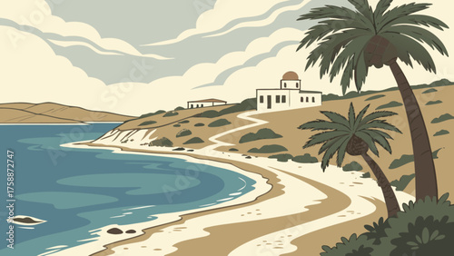 A tranquil coastal view featuring a classic greek church, swaying palm trees, and the azure sea under a sky with soft clouds