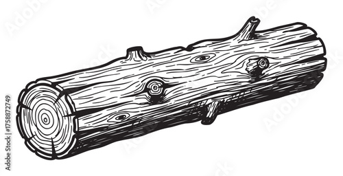 Black outline drawing of a detailed tree log with visible rings and knots, showcasing natural wood texture and form.