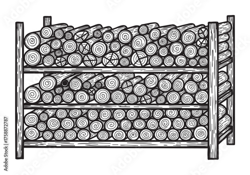 Black and white hand-drawn illustration of a firewood rack filled with intricately detailed logs, displaying a rustic and organized design.