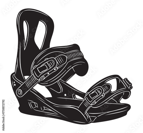 Black outline of a detailed snowboard binding with adjustable straps and buckles.