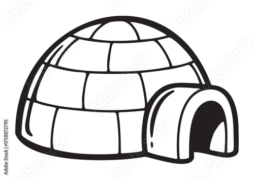 Black outline drawing of a simple igloo with a rounded entrance and block-like pattern, representing an arctic shelter structure.