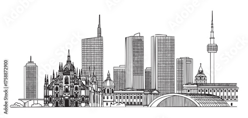 Detailed black and white line drawing of a city skyline featuring historic buildings and modern skyscrapers, including a notable cathedral.