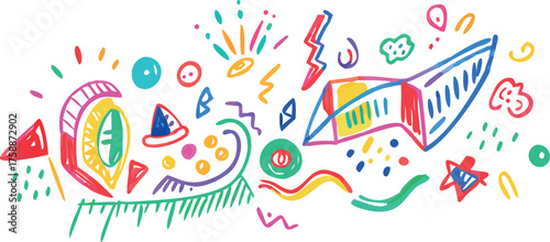 Abstract Space Rocket Doodle Vector: Colorful Hand-Drawn Scribble Background and Shapes