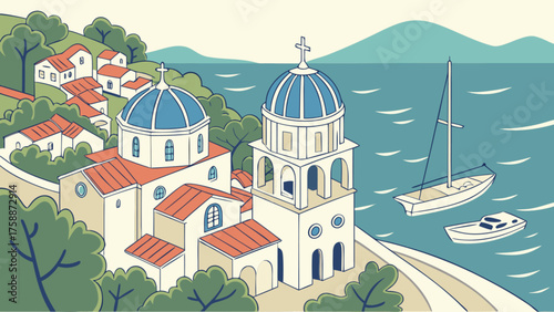 Picturesque greek church on a cliff overlooking the aegean sea, with a boat sailing nearby and houses dotting the hillside in the summer