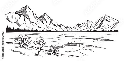 Black and white line art depicting a rugged mountain range in the background, with leafless trees and a cracked ice-like surface in the foreground.