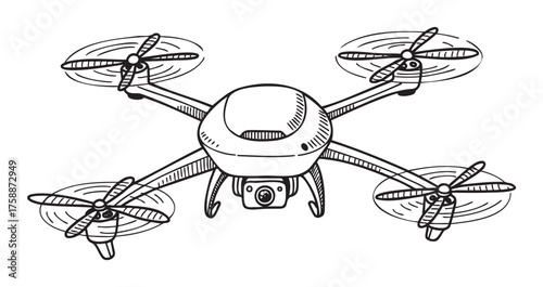 Hand-drawn black outline of a quadcopter drone with four propellers and a mounted camera underneath, shown from a slightly elevated angle.