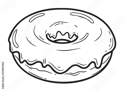 Black outline vector icon of a classic glazed donut with simple, minimalistic design and drizzle detailing.
