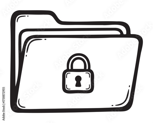 Black and white hand-drawn outline of a file folder with a lock symbol, representing data security and privacy.