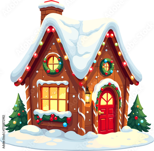 Cozy gingerbread house decorated with icing, lights, and Christmas trees, festive winter illustration symbolizing warmth, holiday joy, and sweet home feeling