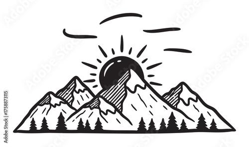 Black outline drawing of a mountainous landscape with the sun rising behind the peaks, casting rays and surrounded by stylized clouds.