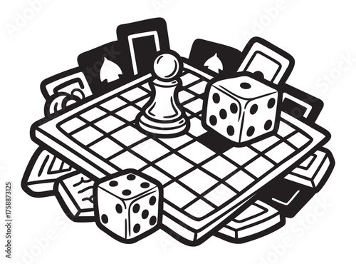 Black outline drawing of a board game setup with a chess piece, dice, and playing cards surrounding a grid board.