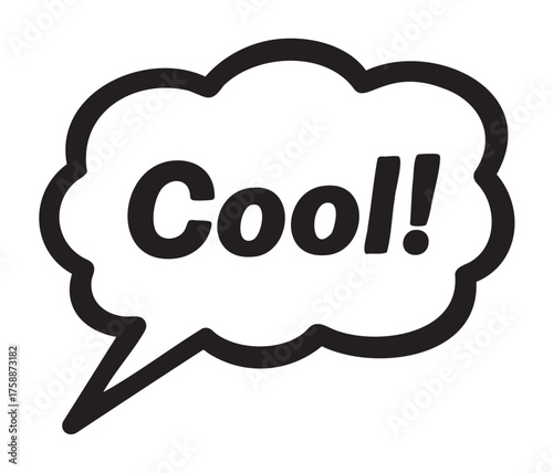 Black outline icon of a speech bubble with the word "cool!" inside, conveying a sense of excitement or approval.