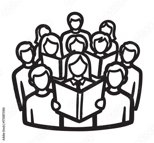 Black outline vector icon of a group of people gathered in a choir, each holding a music book. minimal linear illustration for singing, community, and music concepts.