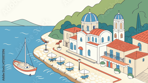Picturesque greek island harbor with whitewashed buildings, bluedomed church, and a sailboat gently bobbing in the turquoise sea, capturing the essence of mediterranean charm