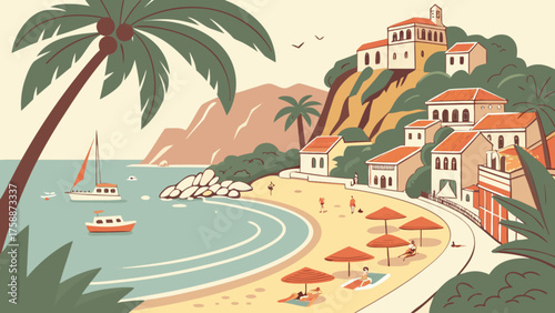 Picturesque coastal village scene with traditional houses on a hill, a sandy beach with sun umbrellas, and boats sailing on the calm, blue sea