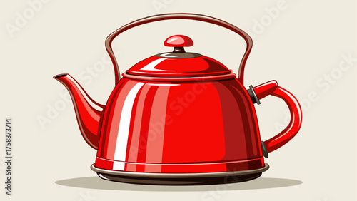 Very beautiful classic vintage enamel kettle in bright red with polished finish and elegant details, standing out against a pristine white background, exuding timeless charm and kitchen elegance.