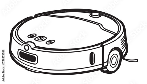 Black outline illustration of a robotic vacuum cleaner with minimal detail, showcasing its round shape and control panel on top.