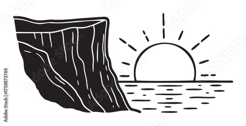 Black outline drawing depicting a tall cliff beside a calm ocean, with the sun setting on the horizon and stylized sun rays extending outward.