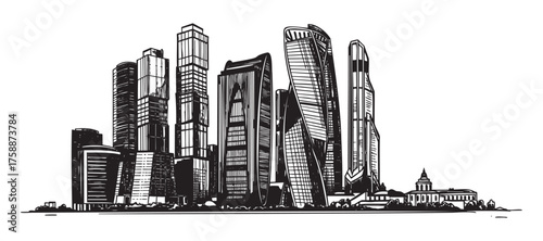 Detailed black and white drawing of a modern city skyline with numerous high-rise buildings of various architectural styles.