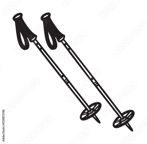 Black outline vector icon of two simple ski poles with straps and baskets, ideal for winter sports, skiing, and snow trekking.