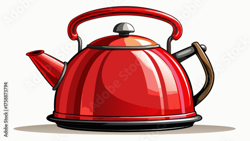 Very beautiful classic vintage enamel kettle in bright red with polished finish and elegant details, standing out against a pristine white background, exuding timeless charm and kitchen elegance.