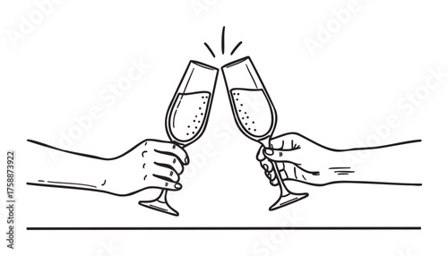 Two hands holding champagne glasses in a celebratory toast, with bubbles visibly rising inside the glasses.