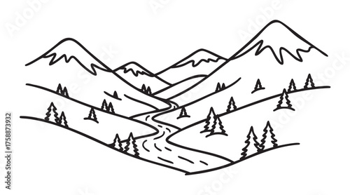 Black outline drawing of a winding river flowing through a mountainous landscape with trees scattered along the slopes.