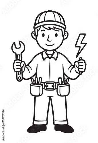 Cartoon illustration of a male electrician with a wrench and lightning bolt, wearing a tool belt and cap, representing electrical work.