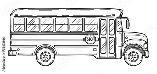 Black and white sketch of a classic school bus with detailed outlines, featuring a prominent stop sign and multiple windows.