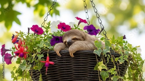 Sleeping Sloth A cozy nap in a floral basket surrounded by vibrant blooms