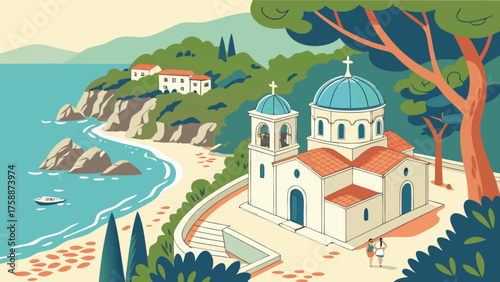 Scenic coastal view featuring a church, rocky cliffs, and a tranquil sea, capturing the essence of a peaceful seaside retreat with natural beauty
