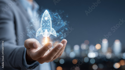 Digital rocket launching from a hand, illustrating a startup going live and the concept of networked innovation fueled by data and teamwork
