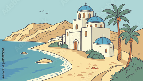 A serene coastal vista showcasing a classic greek church with blue domes, nestled beside a tranquil beach and framed by rugged mountains