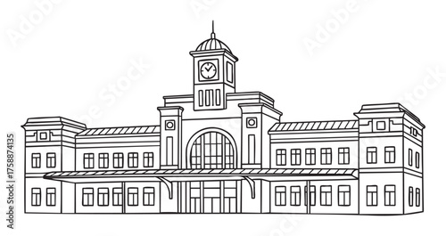 Black outline of a detailed railway station building with a central clock tower and multiple windows, representing transportation and travel.
