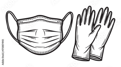 Black and white outline drawing of a protective surgical mask and a pair of latex gloves side by side, emphasizing health and safety equipment.