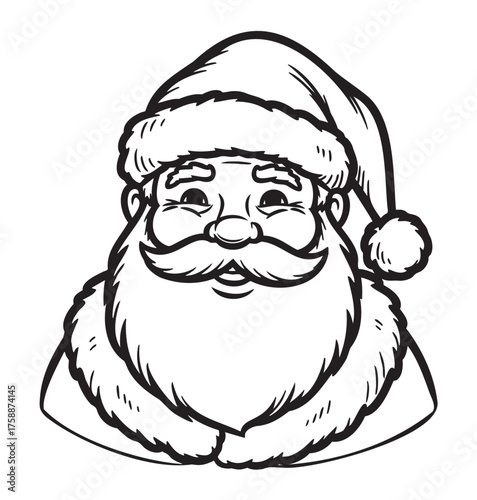 Black and white illustration of santa claus with a bushy beard, wearing a traditional hat and smiling warmly in a festive style.