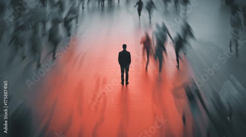 overhead view of a man standing still in a busy city street, blurred crowds around him with a soft red glow on his silhouette, symbolizing focus, calm, and inner strength.