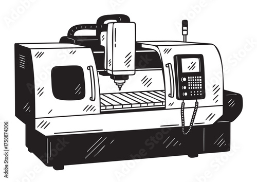 Black outline of a cnc milling machine with a control panel, showcasing detailed mechanical parts for industrial manufacturing processes.