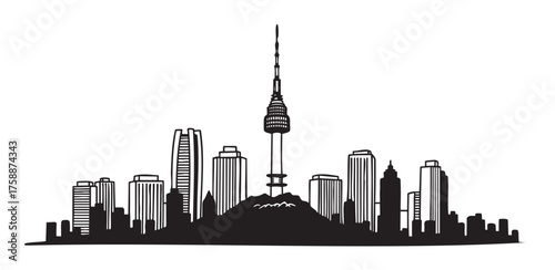Black outline drawing of a city skyline featuring tall skyscrapers and a prominent tower in the center, suggesting an urban landscape.