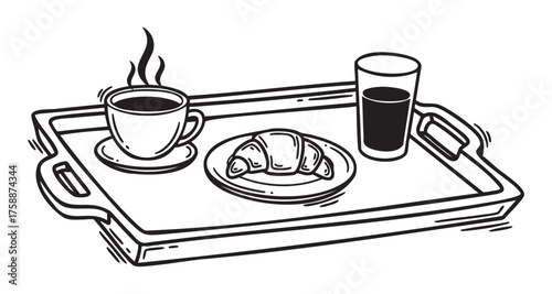Black outline drawing of a breakfast tray with a steaming cup of coffee, a croissant on a plate, and a glass of juice.