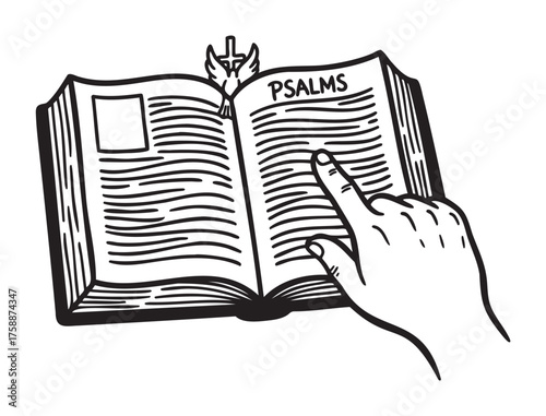 Black outline drawing of an open book titled psalms, with a hand pointing at the text, and a dove with a cross on the page.