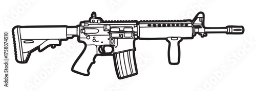 Black outline of a military assault rifle with a vertical foregrip and adjustable stock, showcasing detailed components for tactical weapon design.