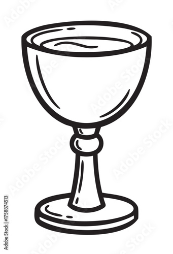 Black outline sketch of a simple, elegant chalice with a round base and wide bowl. perfect for themes related to dining, celebration, and historical artifacts.
