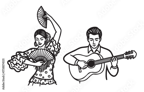 Female flamenco dancer with fans and male guitarist performing, both in traditional attire, captured in black outline vector illustration.