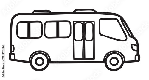 Black outline drawing of a simple minibus with visible windows and doors, representing transportation and travel.
