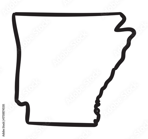 Black outline drawing of the state of arkansas, featuring a simple shape without additional details or labels.